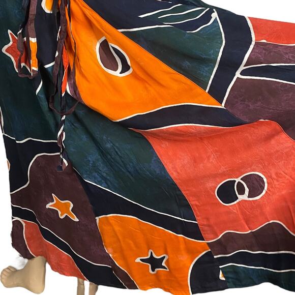 Vtg 90s Afghan by Blue Sky Boho Hippie Tie Dye Batik Lace Up Midi Dress SZ L - Picture 4 of 10